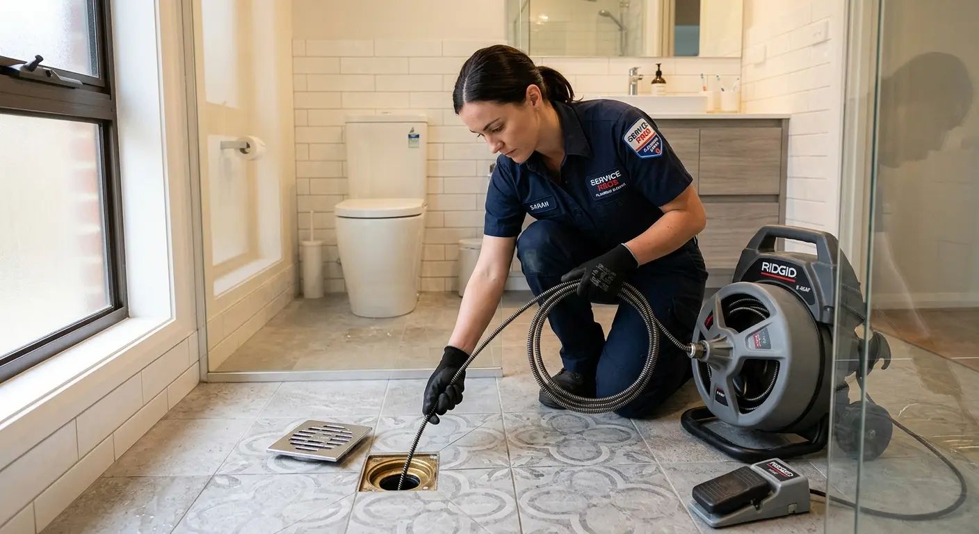 Technician clearing a bathroom floor drain for Hydro Jetting in Middleton